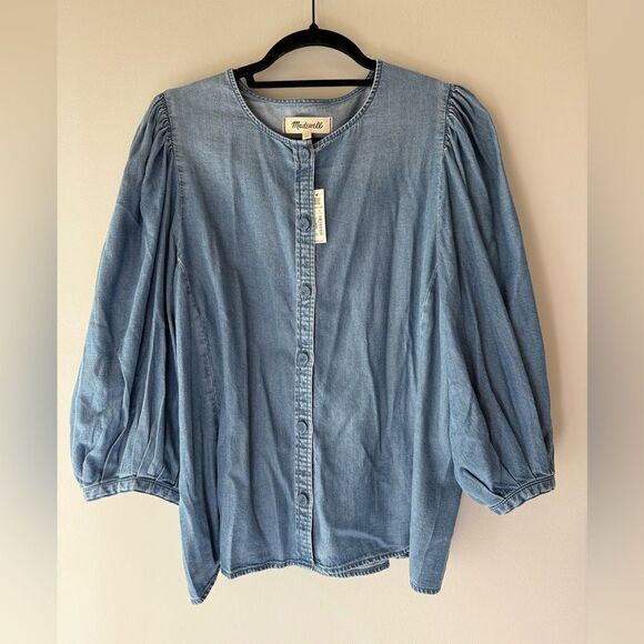 NWT Madewell Denim Puff-Sleeve Button-Up Top Size 12 - Picture 9 of 13